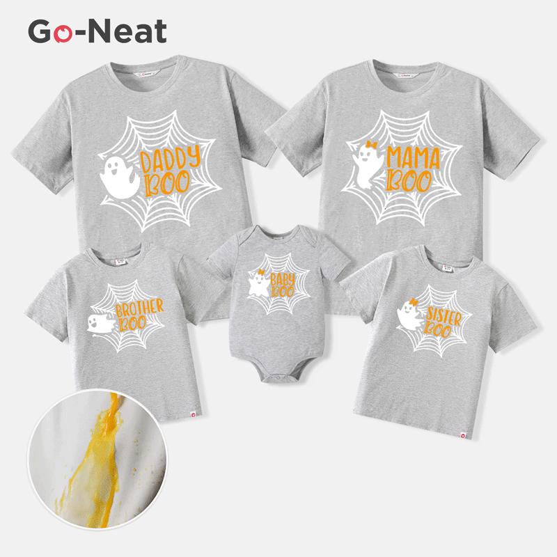 Go-Neat Water Repellent and Stain Resistant Halloween Family Matching Spiderweb Ghost & Letter Print Short-sleeve Tee