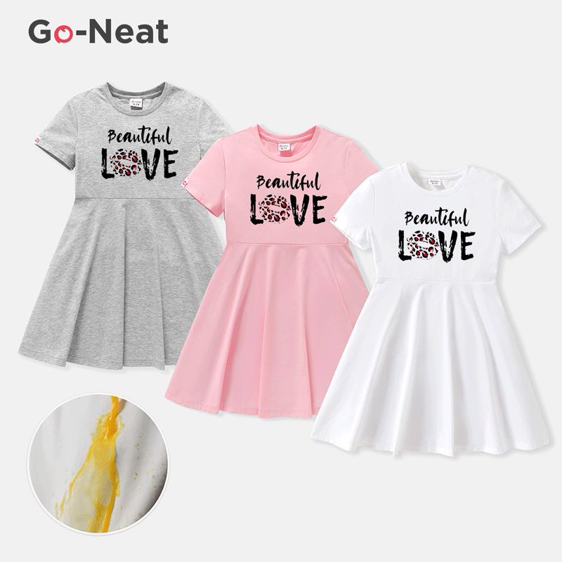 [4Y-14Y] Go-Neat Water Repellent and Stain Resistant Kid Girl Letter Print Short-sleeve Dress White