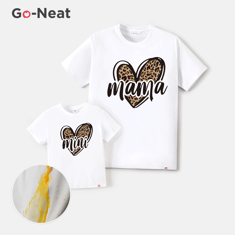 Go-Neat Water Repellent and Stain Resistant Mommy and Me Leopard Heart & Letter Print White Short-sleeve Tee