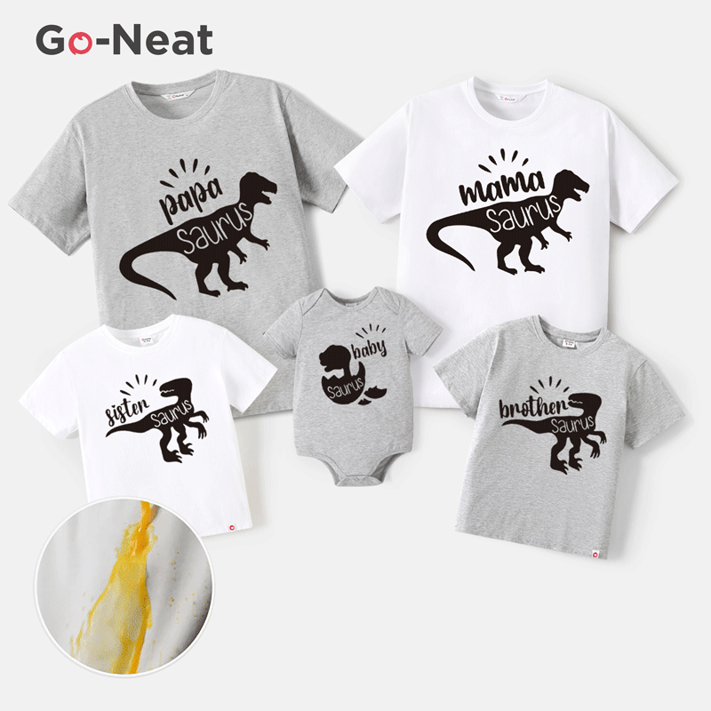 Go-Neat Water Repellent and Stain Resistant Family Matching Dinosaur & Letter Print Short-sleeve Tee Grey big image 1