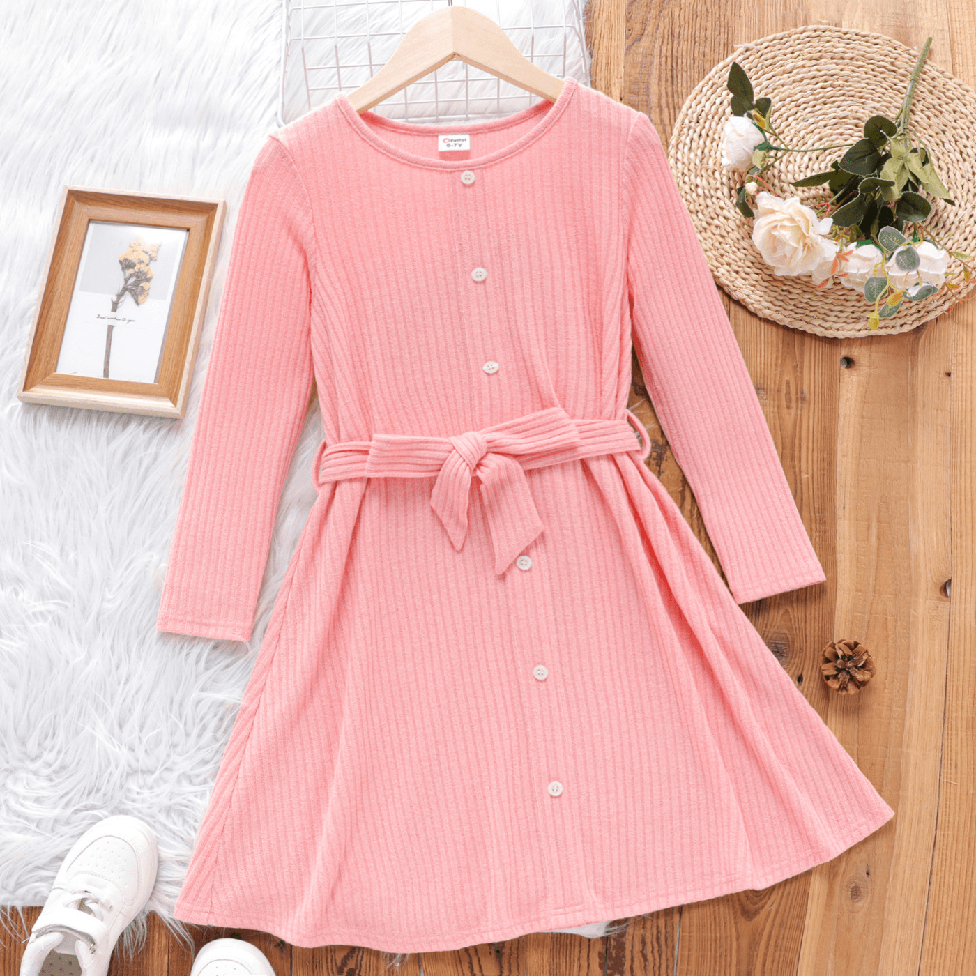 

Kid Girl Solid Color Button Design Belted Long-sleeve Dress