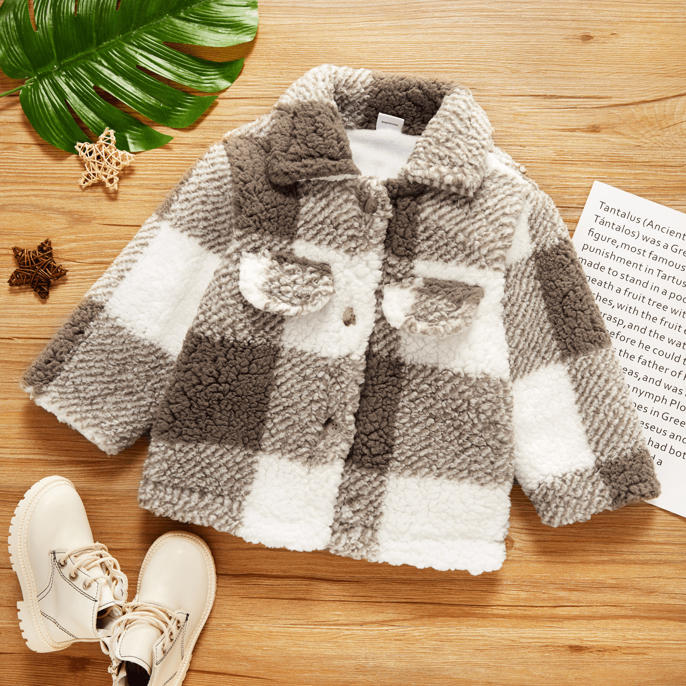 

Kid Boy Plaid Lapel Collar Button Design Fluffy Fleece Coat