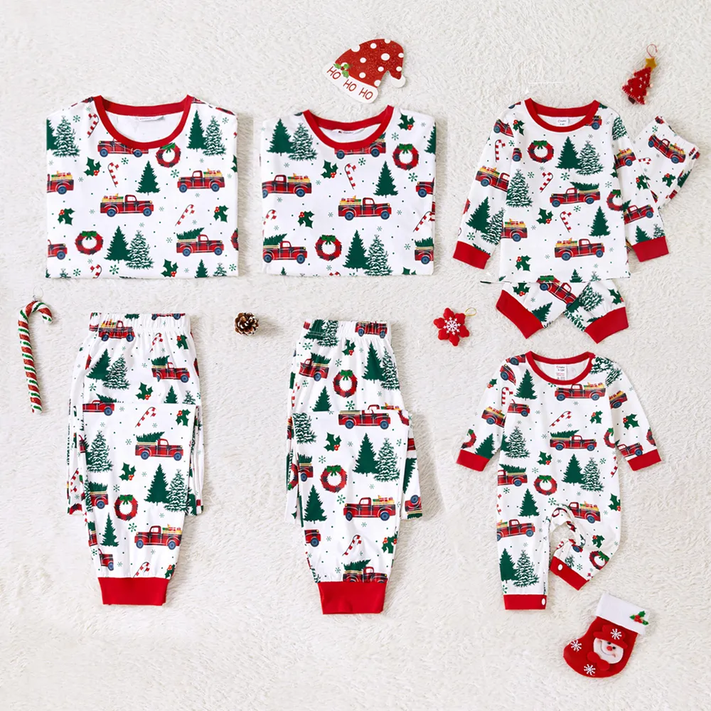 Christmas Family Matching Allover Xmas Tree & Car Print Long-sleeve Pajamas Sets (Flame Resistant)  big image 3