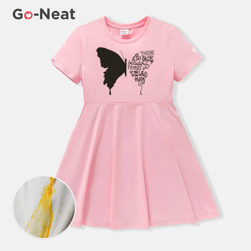 [4Y-14Y] Go-Neat Water Repellent and Stain Resistant Kid Girl Animal Butterfly Print Short-sleeve Grey Dress Pink image 1