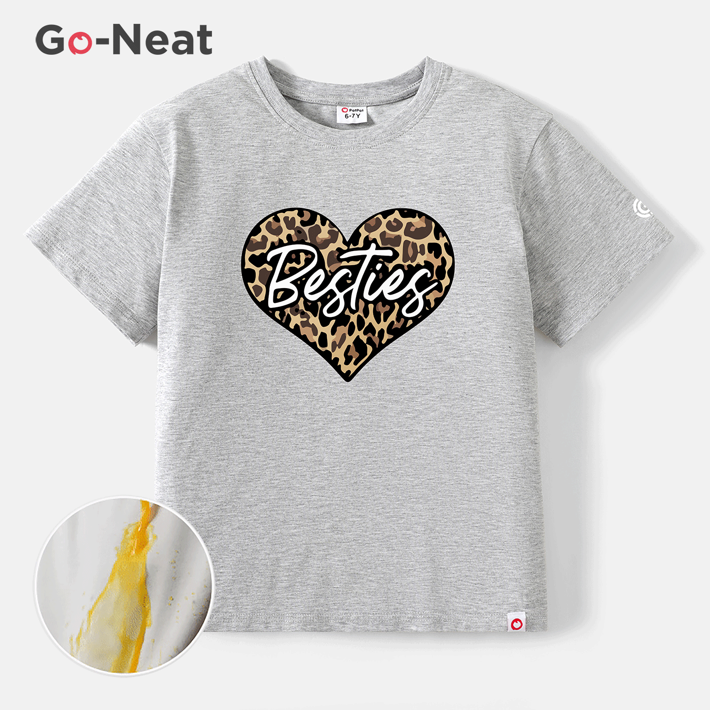 [4Y-14Y] Go-Neat Water Repellent and Stain Resistant Kid Girl Leopard Heart Print Short-sleeve Grey Tee Grey