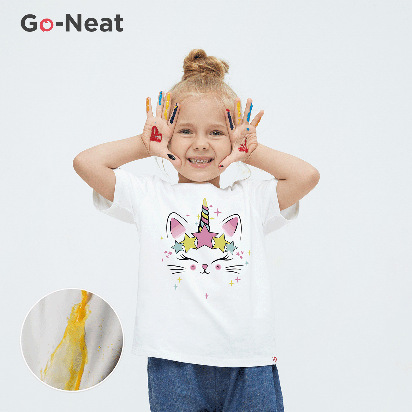 [2Y-6Y] Go-Neat Water Repellent and Stain Resistant Toddler Girl Animal Unicorn Print Short-sleeve White Tee