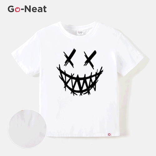 [4Y-14Y] Go-Neat Water Repellent and Stain Resistant Kid Boy Face Graphic Print Short-sleeve White Tee