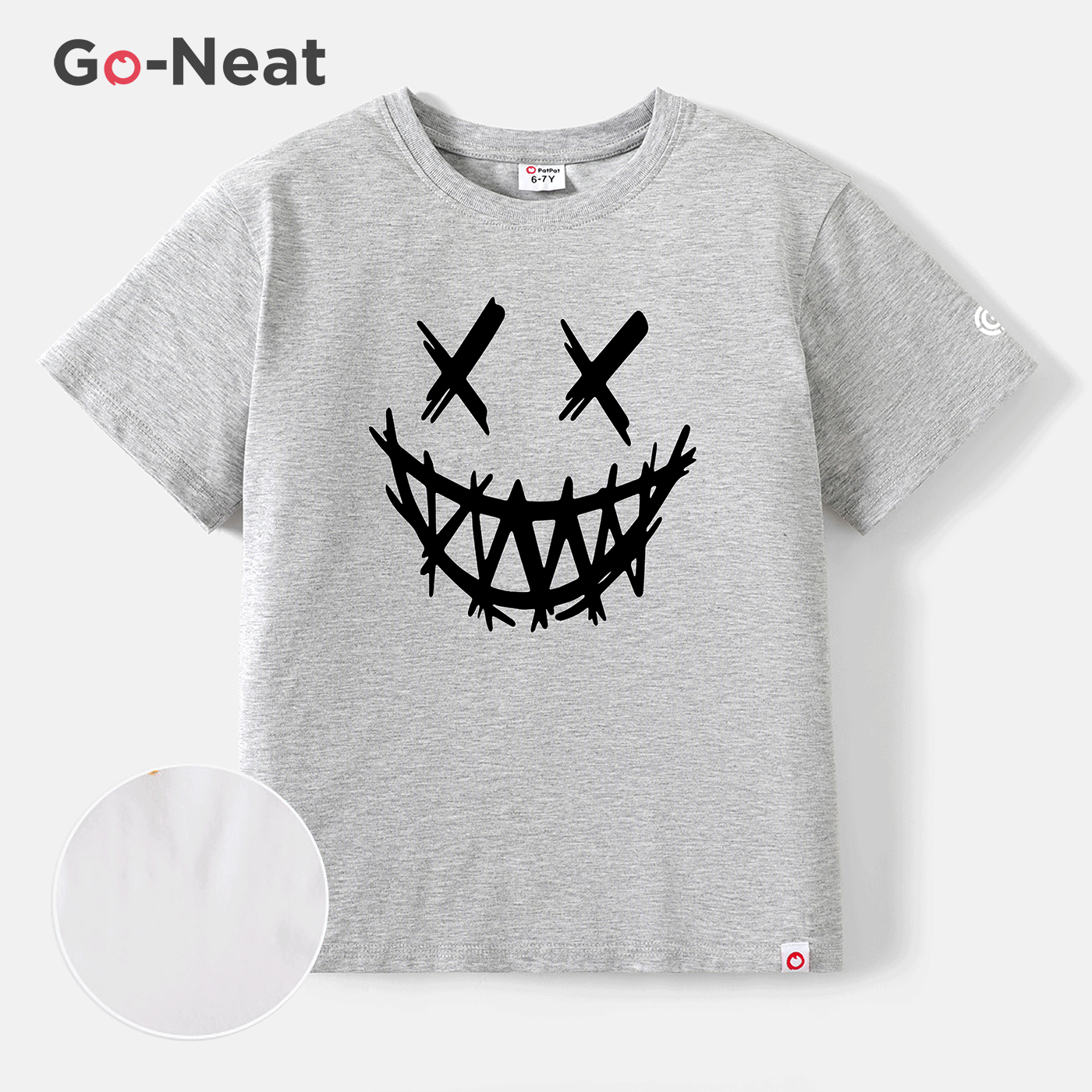 [4Y-14Y] Go-Neat Water Repellent and Stain Resistant Kid Boy Face Graphic Print Short-sleeve White Tee Grey