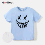 [4Y-14Y] Go-Neat Water Repellent and Stain Resistant Kid Boy Face Graphic Print Short-sleeve White Tee Blue