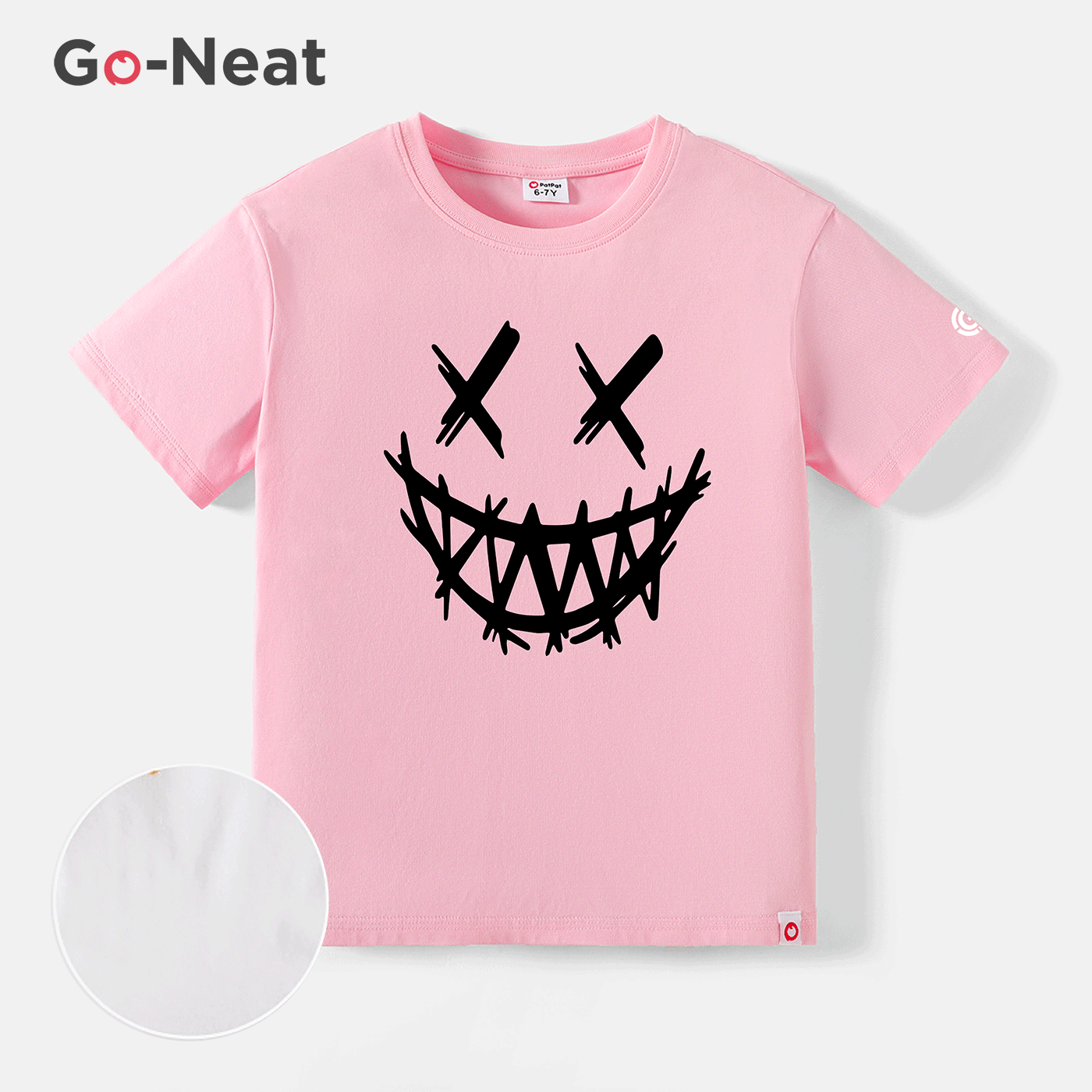 [4Y-14Y] Go-Neat Water Repellent and Stain Resistant Kid Boy Face Graphic Print Short-sleeve White Tee Pink