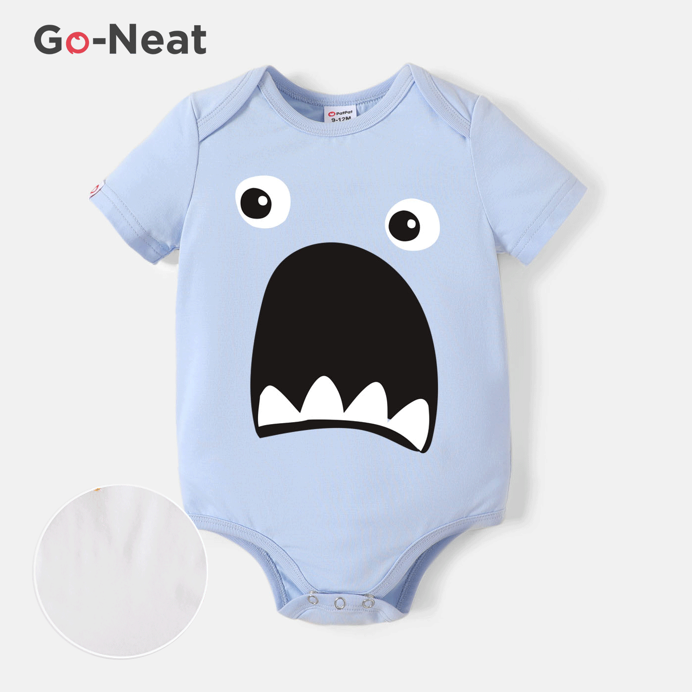 [0M-24M] Go-Neat Water Repellent and Stain Resistant Baby Boy Shark Print Short-sleeve Romper Light Blue