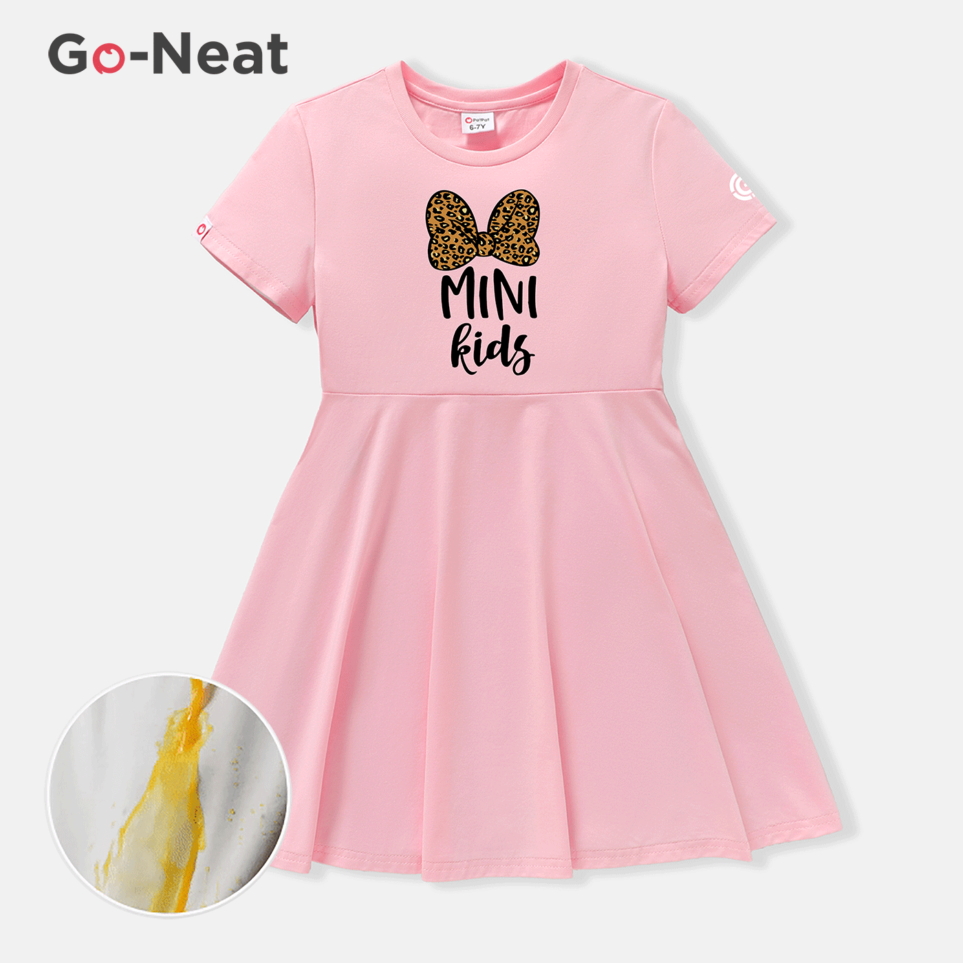 [4Y-14Y] Go-Neat Water Repellent and Stain Resistant Kid Girl Bowknot Letter Print Short-sleeve Pink Dress