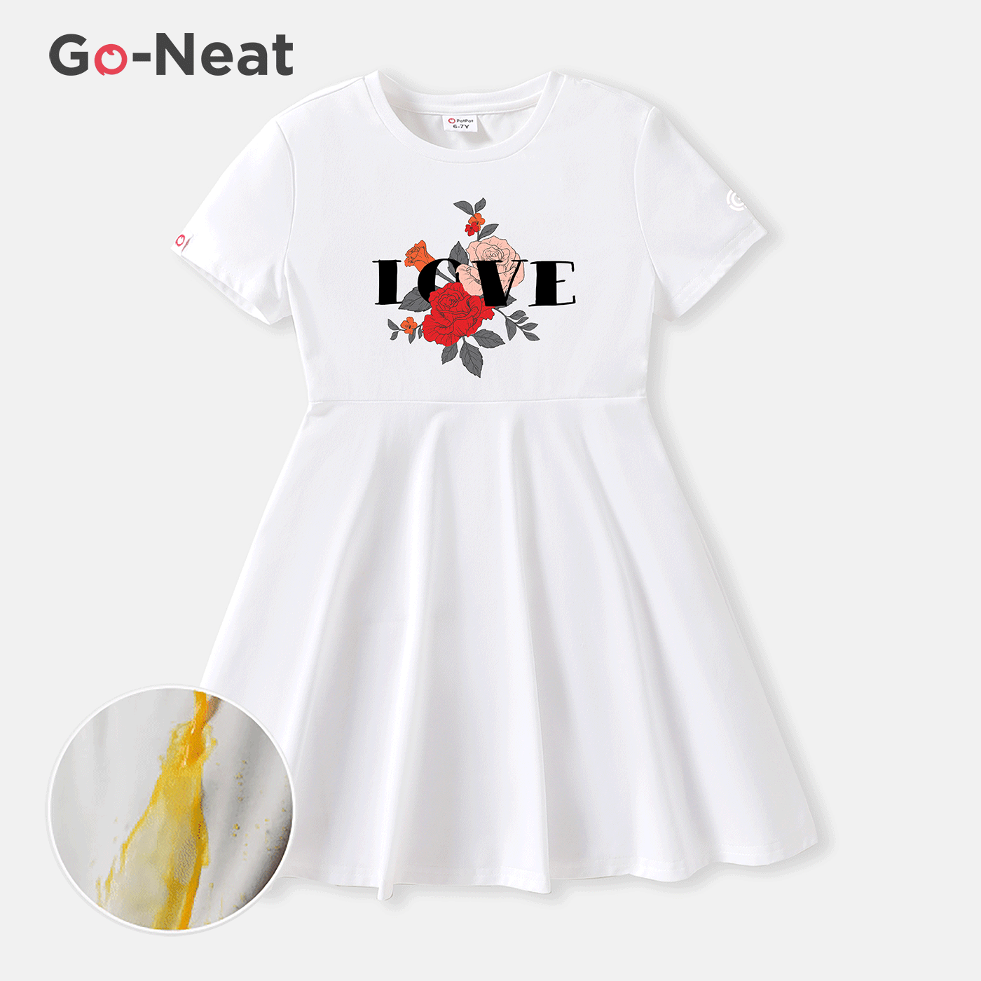 [4Y-14Y] Go-Neat Water Repellent and Stain Resistant Kid Girl Floral Letter Print Short-sleeve White Dress