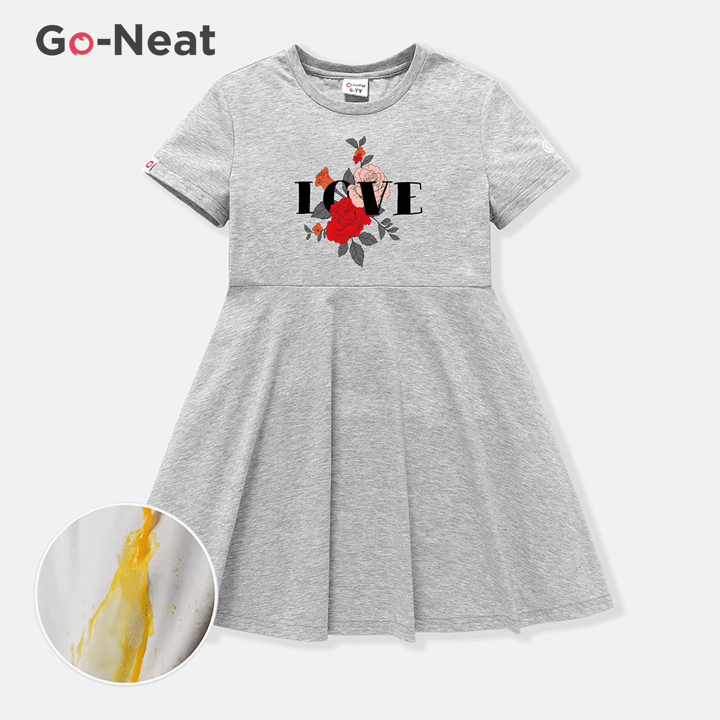 [4Y-14Y] Go-Neat Water Repellent and Stain Resistant Kid Girl Floral Letter Print Short-sleeve White Dress Grey