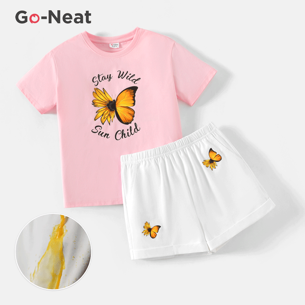 [4Y-14Y] Go-Neat Water Repellent and Stain Resistant 2pcs Kid Girl Breathable Butterfly Print Tee and Shorts Set PinkyWhite big image 1