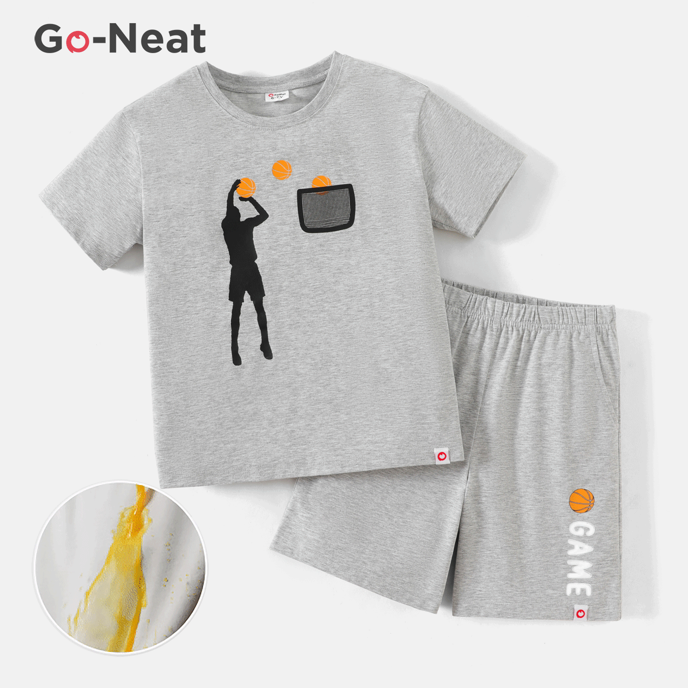 [5Y-14Y] Go-Neat Water Repellent and Stain Resistant 2pcs Kid Boy Basketball Figure Print Tee and Shorts Set flowergrey