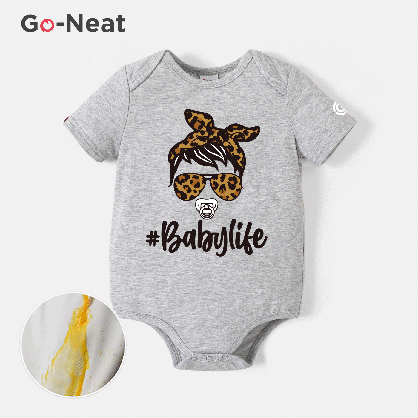 [0M-24M] Go-Neat Water Repellent and Stain Resistant Baby Girl Leopard Figure & Letter Print Short-sleeve Romper