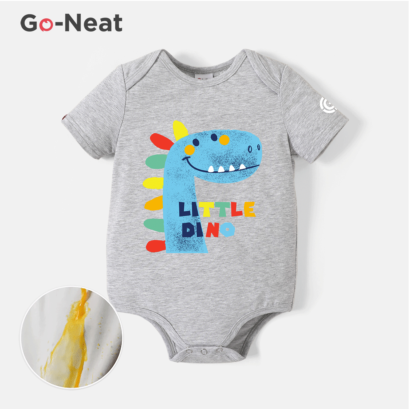 [0M-24M] Go-Neat Water Repellent and Stain Resistant Baby Boy/Girl Colorful Dinosaur & Letter Print Short-sleeve Romper Grey