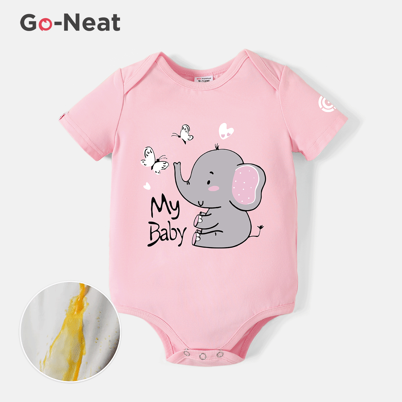[0M-24M] Go-Neat Water Repellent and Stain Resistant Baby Boy/Girl Elephant & Letter Print Short-sleeve Romper Light Pink