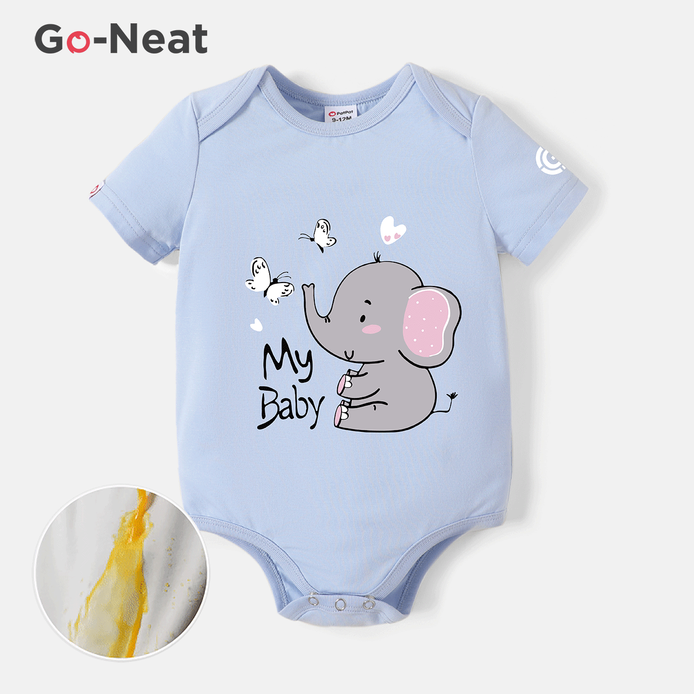 [0M-24M] Go-Neat Water Repellent and Stain Resistant Baby Boy/Girl Elephant & Letter Print Short-sleeve Romper Light Blue