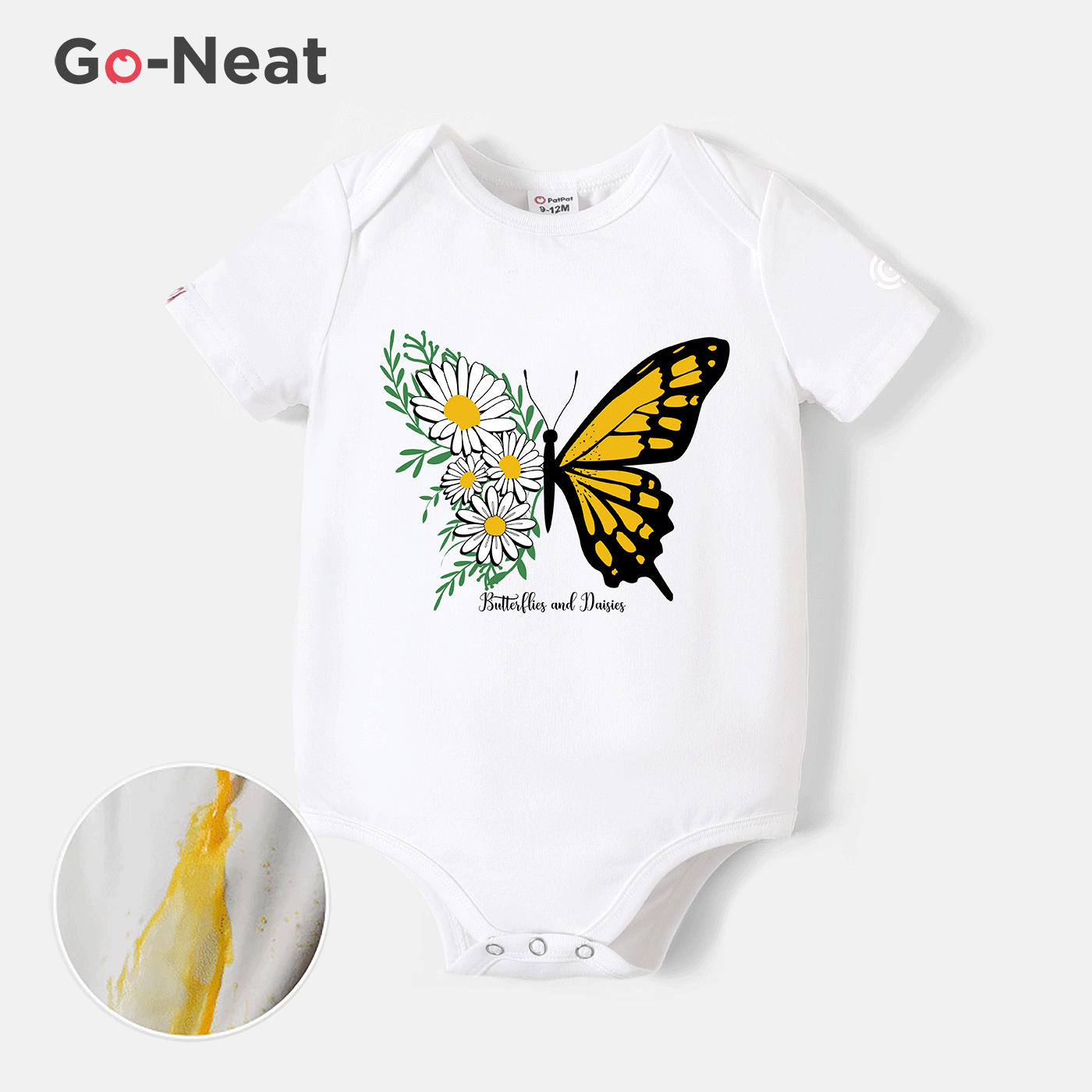 [0M-24M] Go-Neat Water Repellent and Stain Resistant Baby Girl Butterfly & Letter Print Short-sleeve Romper White