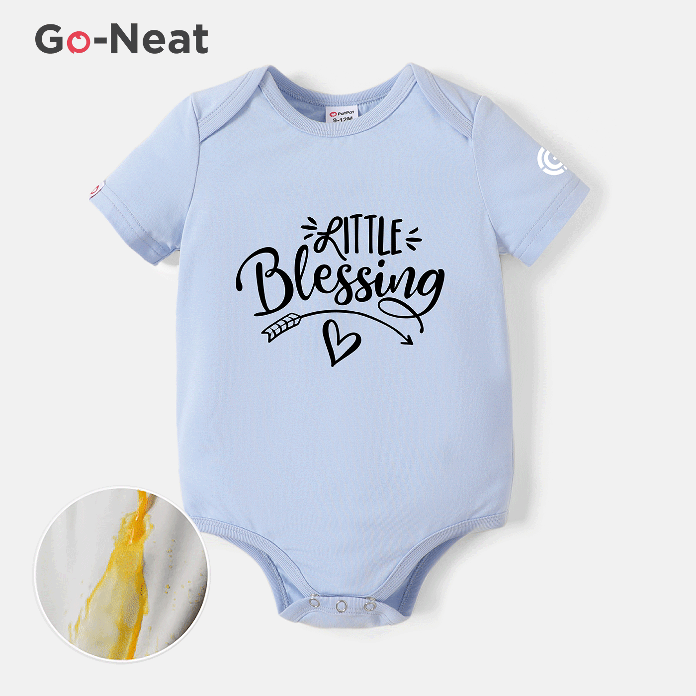 [0M-24M] Go-Neat Water Repellent and Stain Resistant Baby Boy/Girl Letter Print Short-sleeve Romper Light Blue