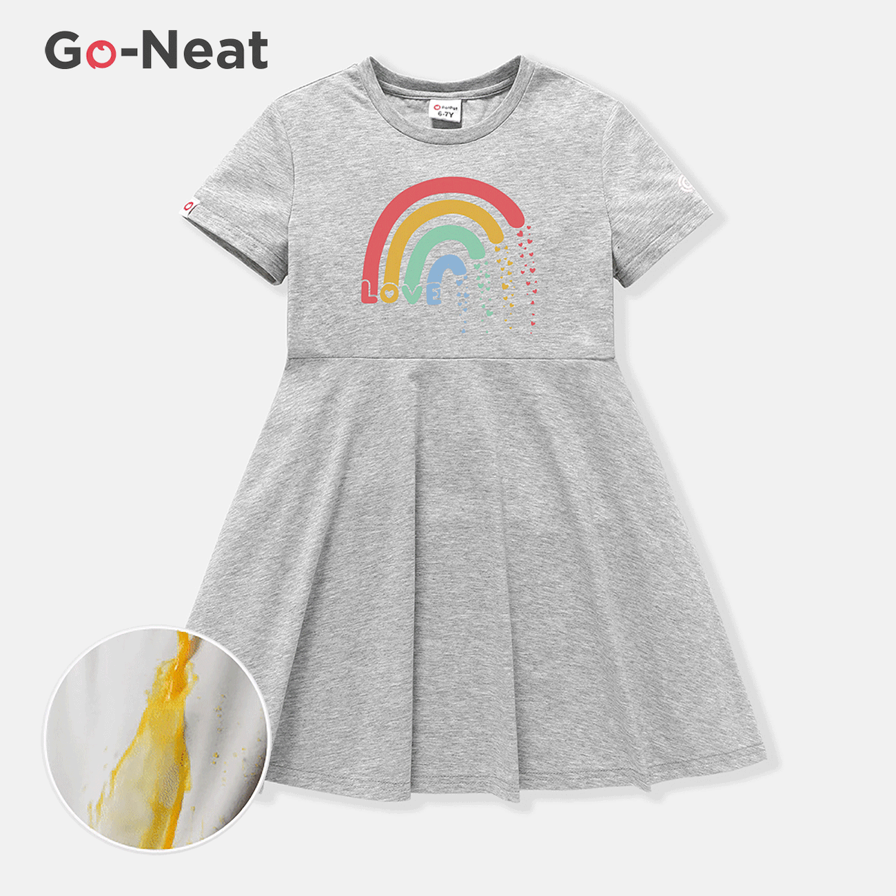 [4Y-14Y] Go-Neat Water Repellent and Stain Resistant Kid Girl Rainbow Print Short-sleeve White Dress Grey big image 1