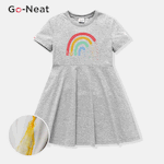 [4Y-14Y] Go-Neat Water Repellent and Stain Resistant Kid Girl Rainbow Print Short-sleeve White Dress Grey