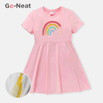[4Y-14Y] Go-Neat Water Repellent and Stain Resistant Kid Girl Rainbow Print Short-sleeve White Dress Pink