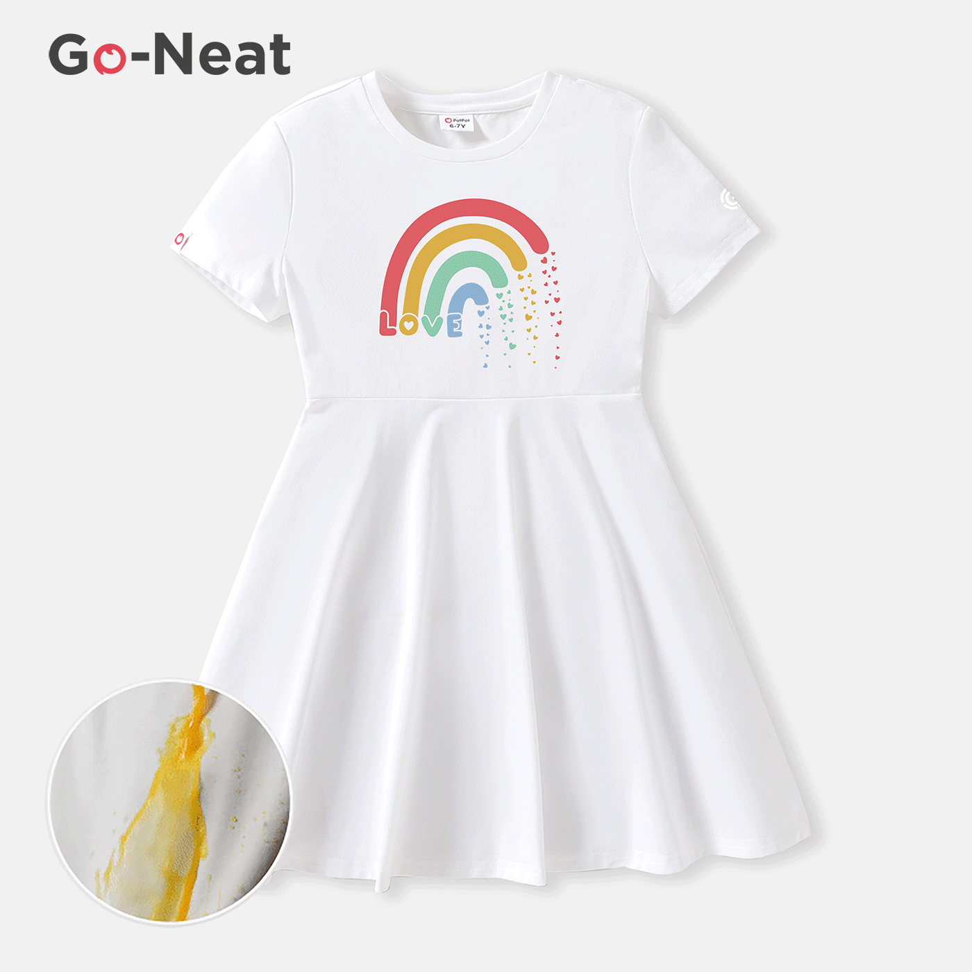 [4Y-14Y] Go-Neat Water Repellent and Stain Resistant Kid Girl Rainbow Print Short-sleeve White Dress