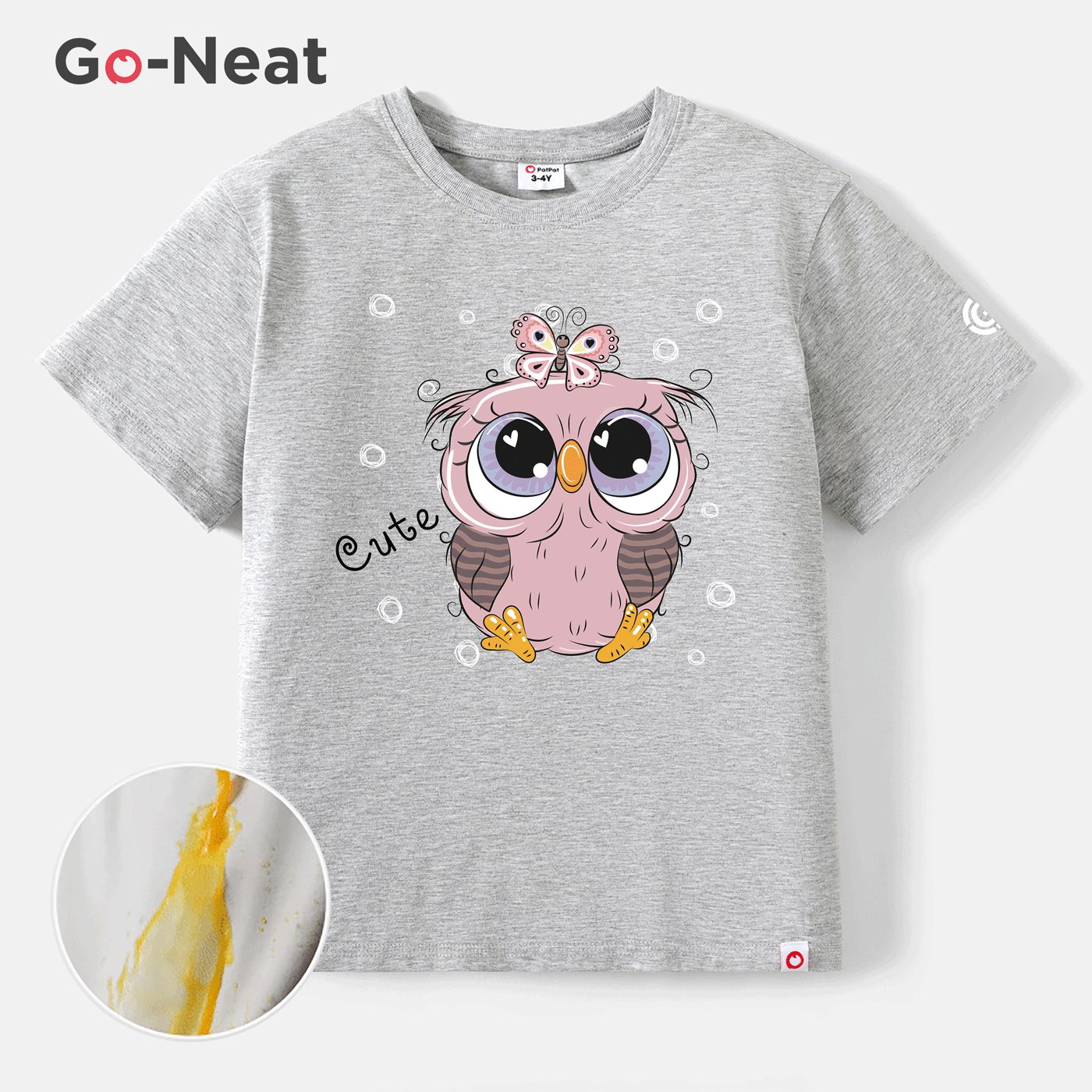 [2Y-6Y] Go-Neat Water Repellent and Stain Resistant Toddler Girl Animal Owl Print Short-sleeve Tee Light Grey image 1