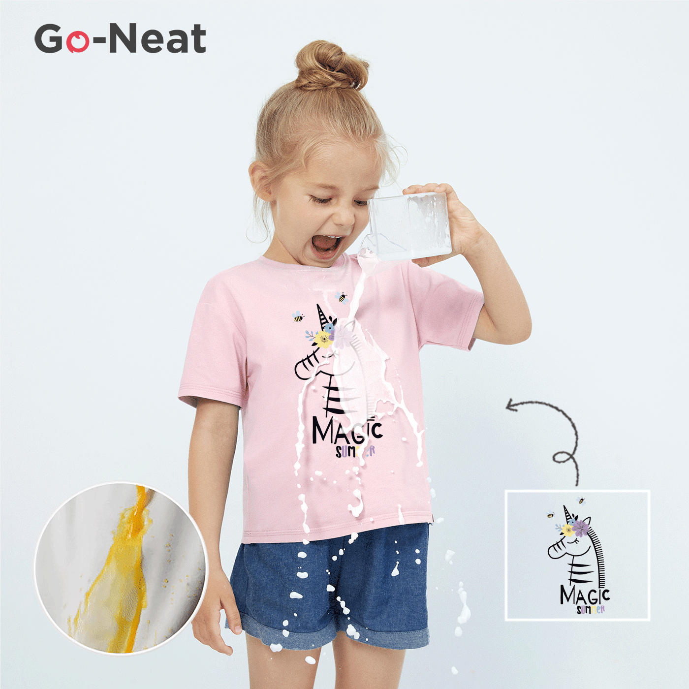 [2Y-6Y] Go-Neat Water Repellent and Stain Resistant Toddler Girl Animal Unicorn Print Short-sleeve Pink Tee Light Pink big image 1