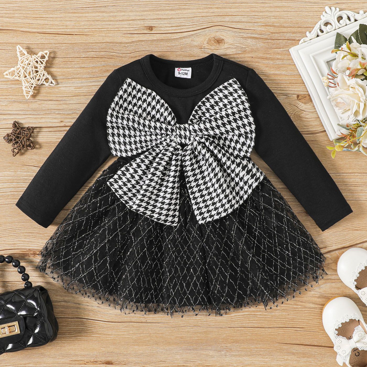 

Baby Girl Houndstooth Bow Front Black Long-sleeve Glitter Mesh Dress