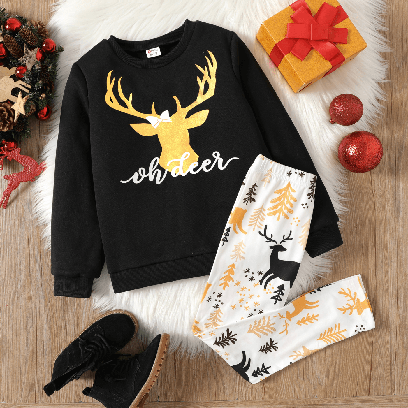 

2pcs Kid Girl Christmas Deer Glitter Print Fleece Lined Sweatshirt and Pants Set