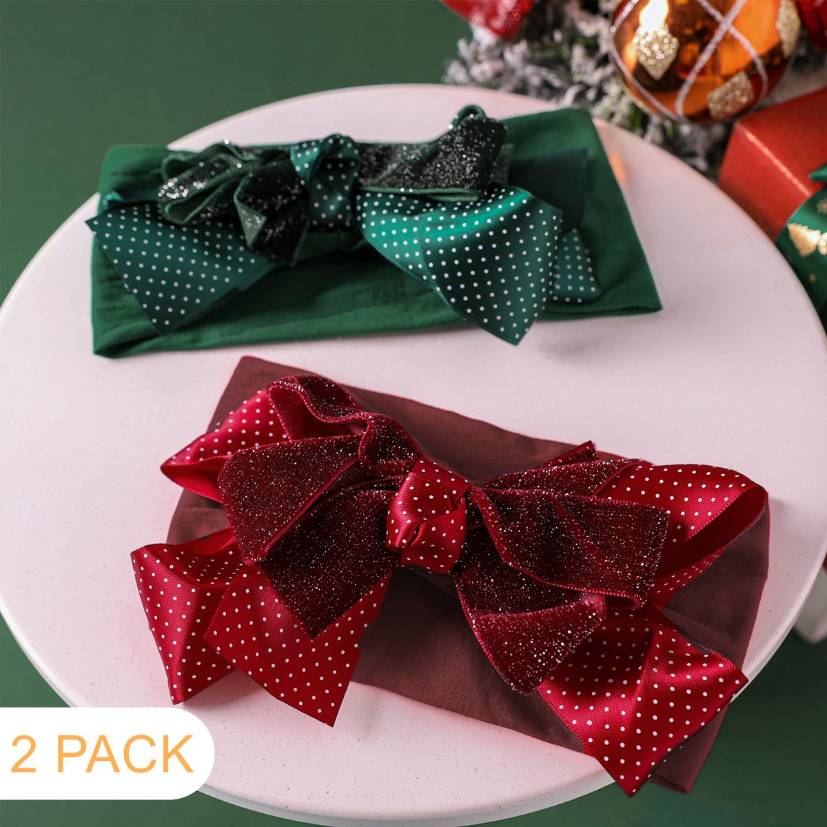 

2-pack Christmas Double Layer Polka Dot & Glitter Bow Decor Headband for Girls