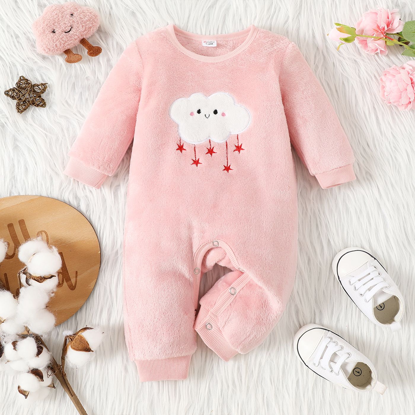 

Baby Girl Cloud Embroidered Pink Thermal Fleece Long-sleeve Jumpsuit
