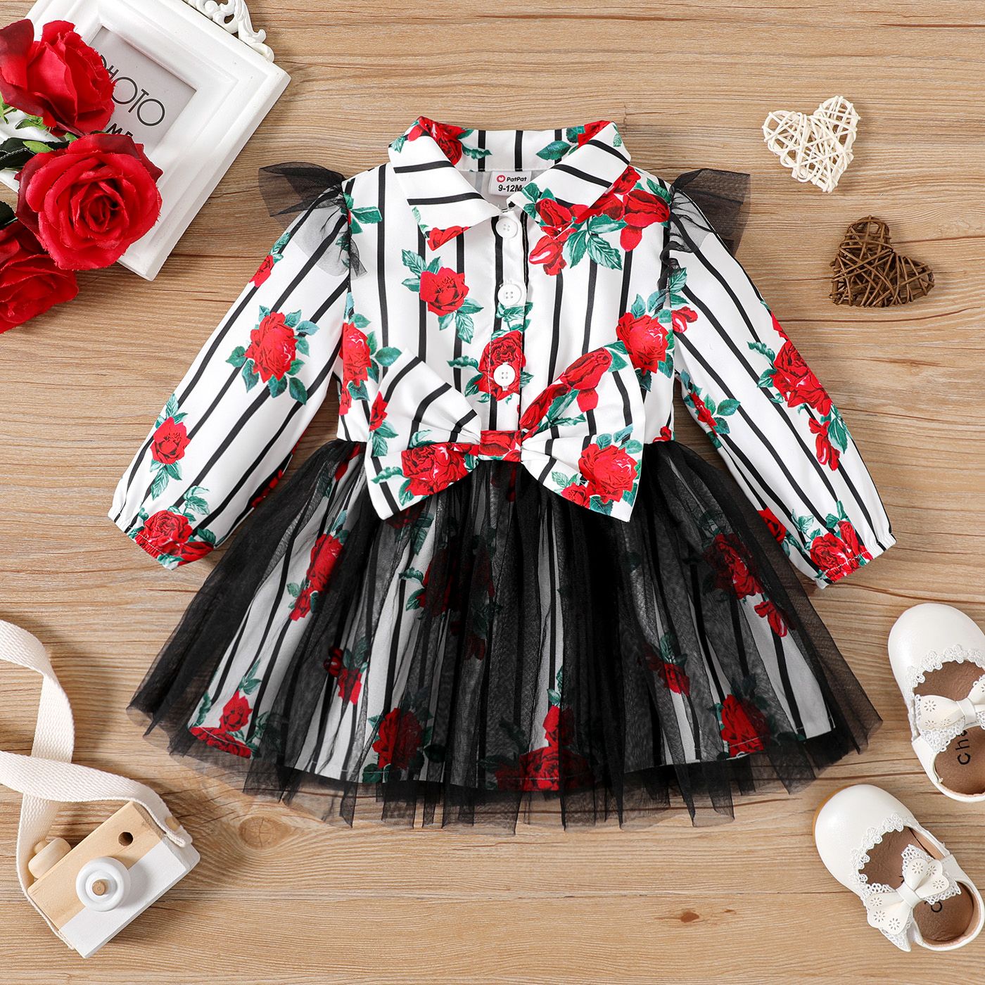 

Baby Girl Allover Red Rose Floral Print Striped Bow Front Long-sleeve Mesh Dress