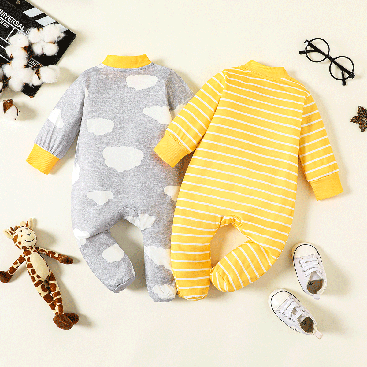2-Pack Baby Boy/Girl Yellow Striped and Grey Cloud Print Long-sleeve Footed Jumpsuits Set Multi-color image 2