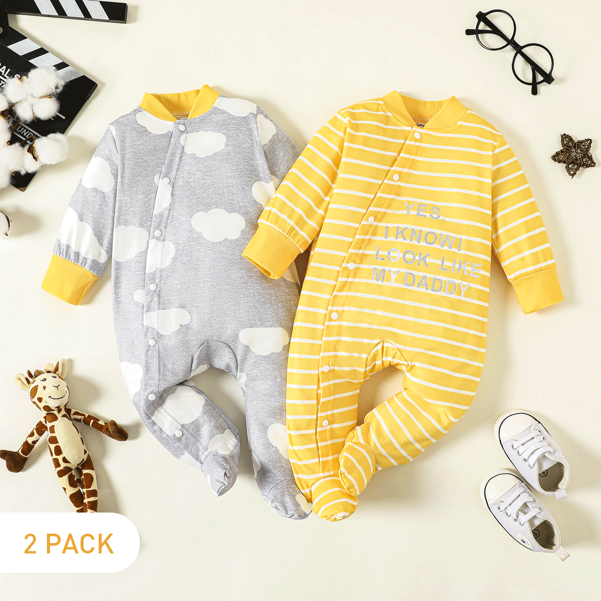 2-Pack Baby Boy/Girl Yellow Striped and Grey Cloud Print Long-sleeve Footed Jumpsuits Set
