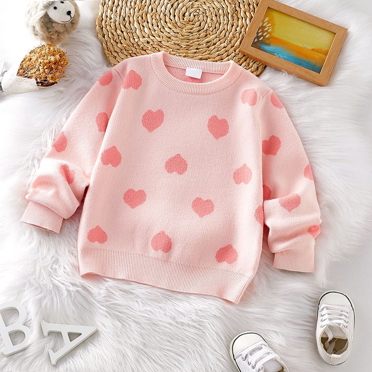 

Baby Girl Allover Heart Pattern Pink Knitted Sweater