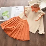 2pcs Baby Girl Bow Front Ruffle Trim Long-sleeve Knitted Sweater and Pleated Skirt Set  image 2