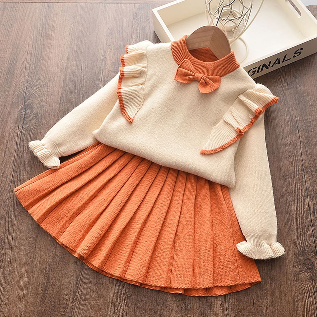 2pcs Baby Girl Bow Front Ruffle Trim Long-sleeve Knitted Sweater and Pleated Skirt Set
