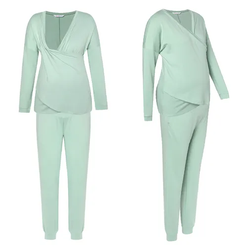 Maternity Minimalist Solid Criss Cross Front Long-sleeve Nursing Top & Sweatpants Set