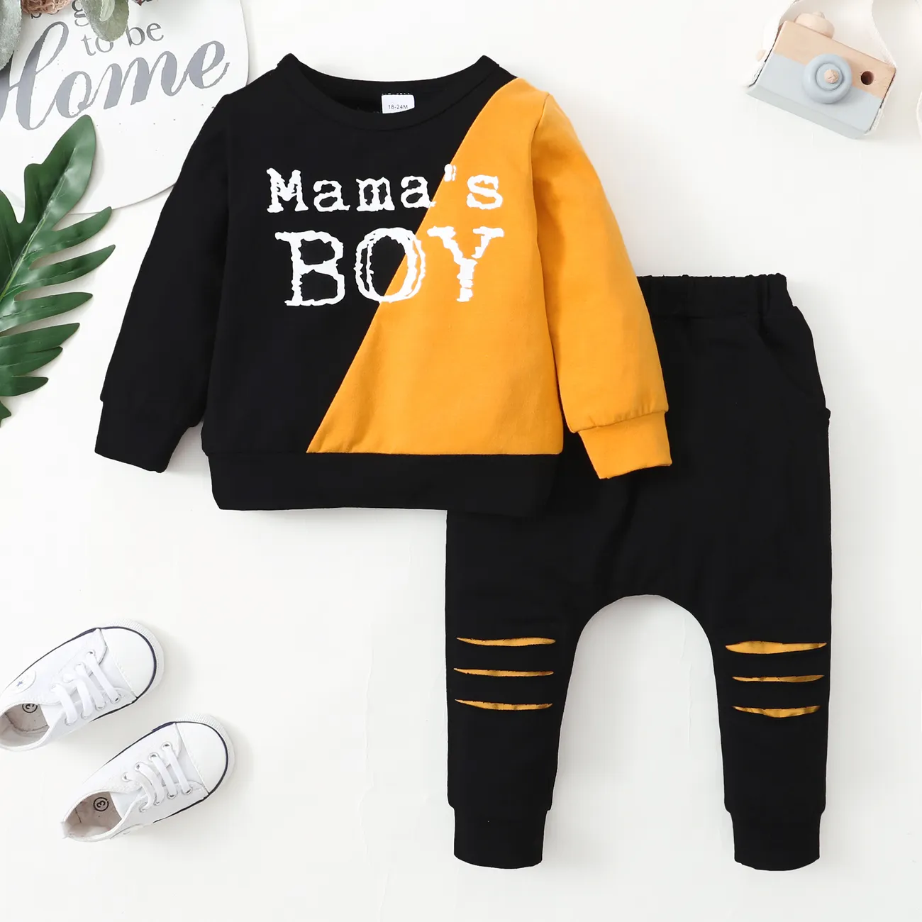 2-piece Toddler Boy Letter Print Colorblock Pullover and Cut Out Pants Set Yellow big image 1
