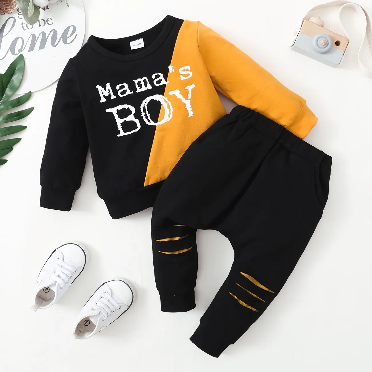 2-piece Toddler Boy Letter Print Colorblock Pullover and Cut Out Pants Set Yellow big image 1