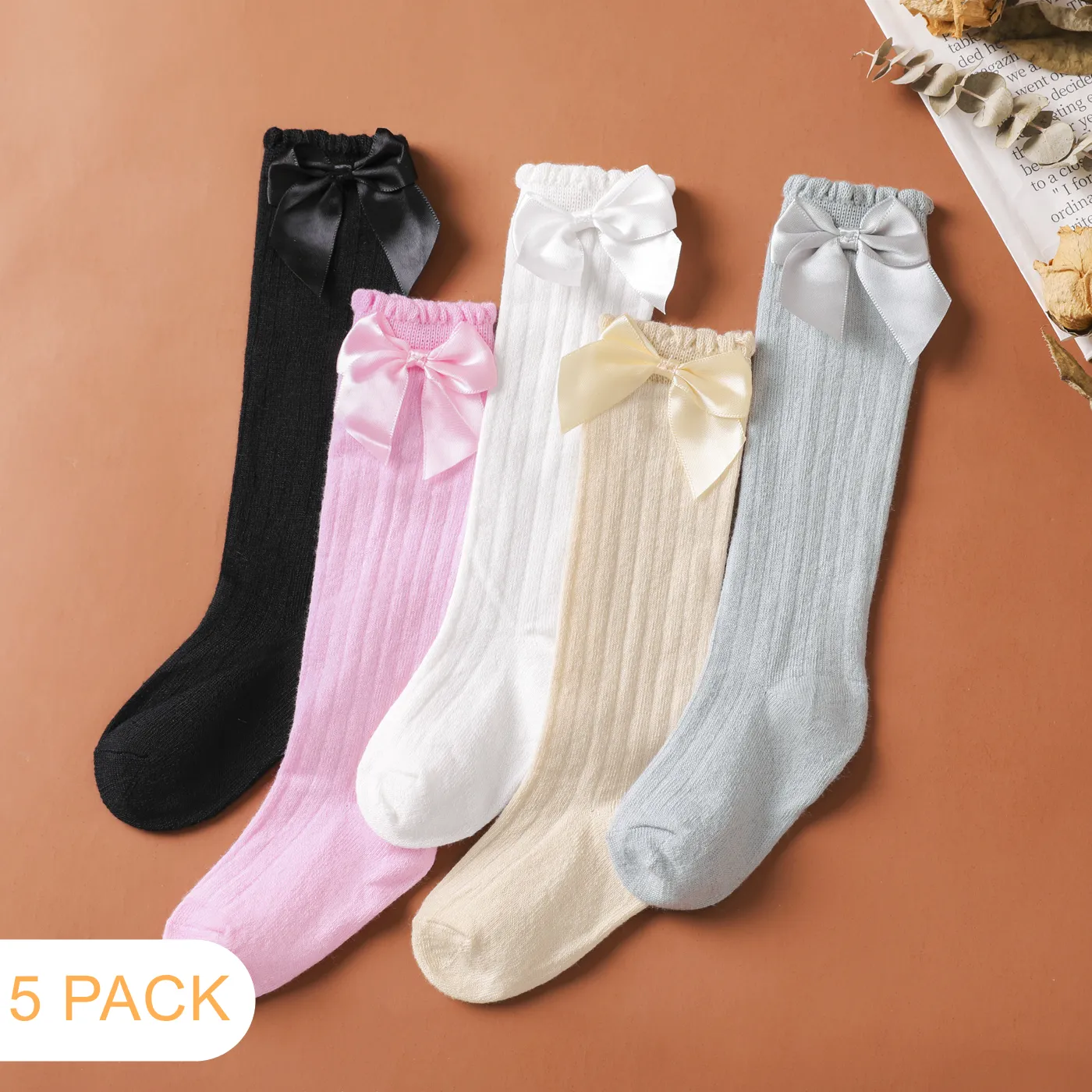 5-pairs Baby Bow Decor Ribbed Long Stockings Set  image 1