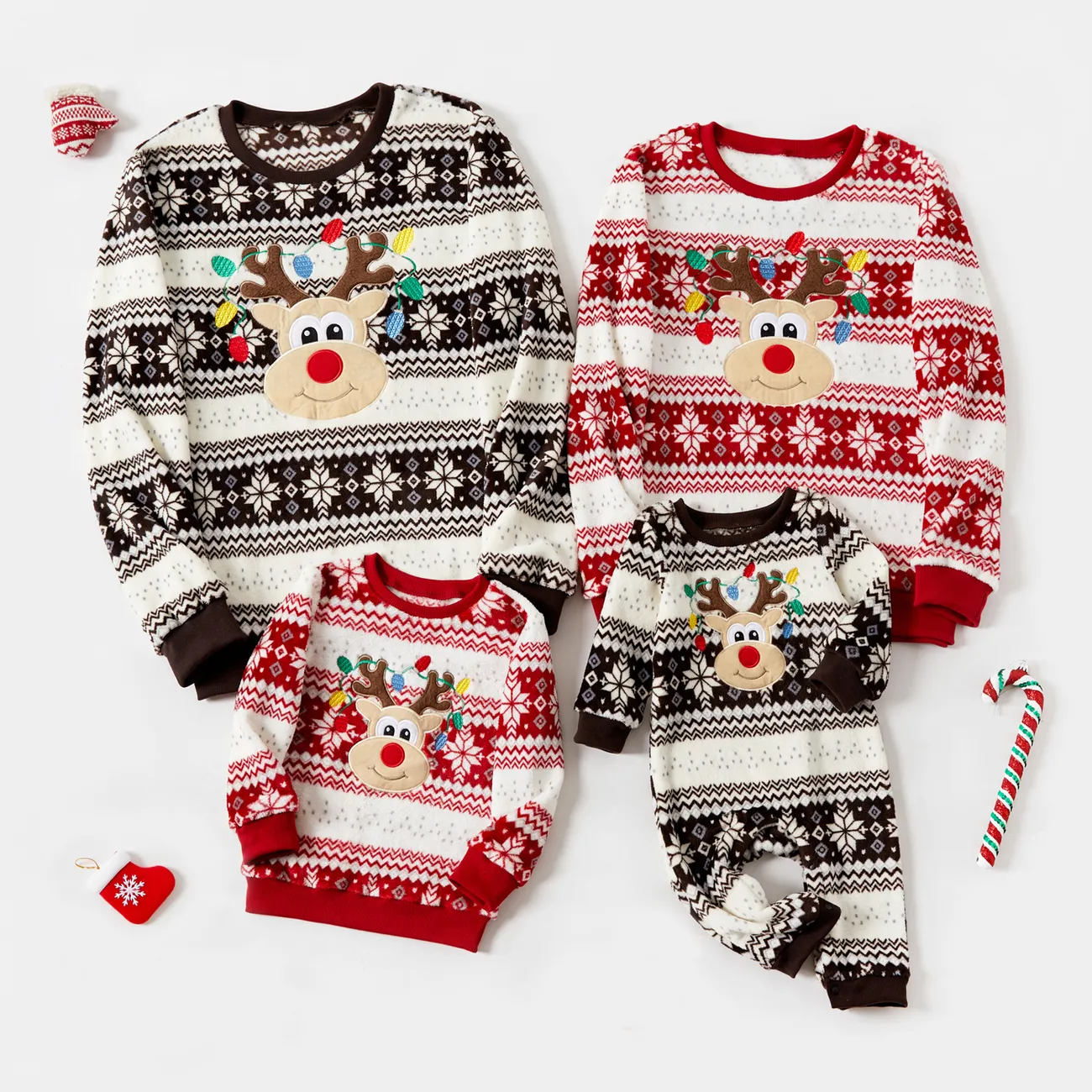 Christmas Family Matching Reindeer Embroidered Allover Pattern Long-sleeve Fuzzy Flannel Tops Multi-color big image 1