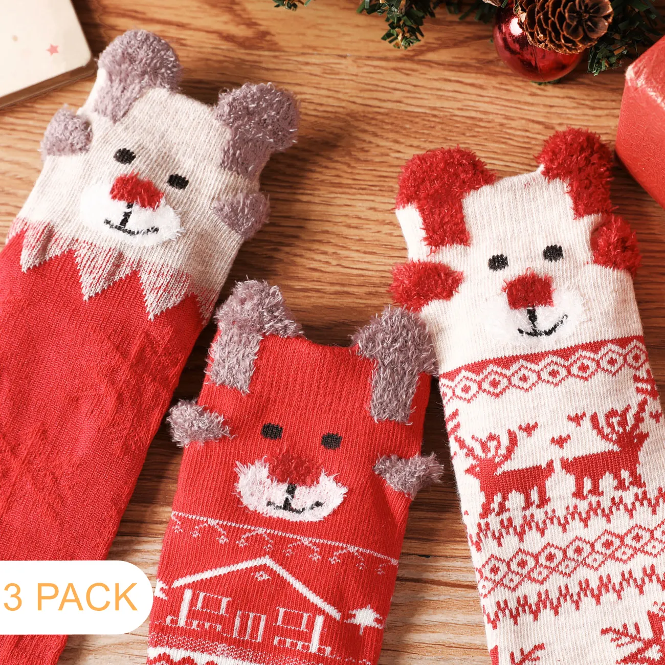 3 Paar Baby-/Kleinkind-Weihnachtsgrafik-Crew-Socken-Set rot big image 1