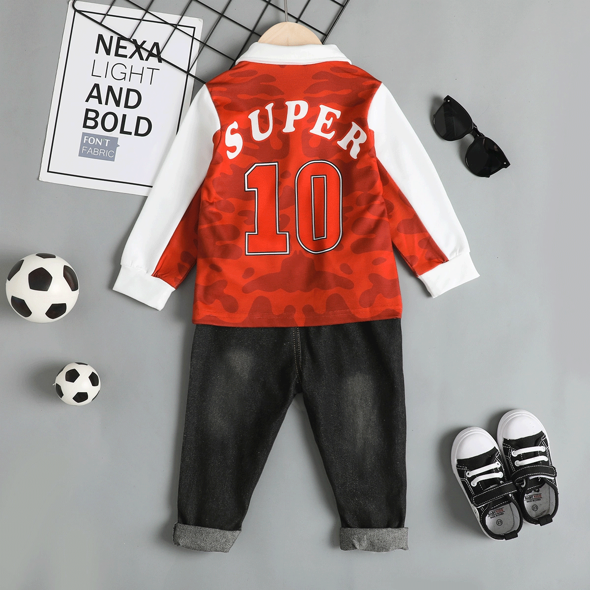 Soccer Cup 2pcs Toddler Boy Trendy Ripped Denim Jeans and Letter Print Polo Sweatshirt Set Red big image 3