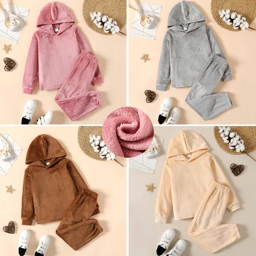 2pcs Kid Girl Solid Color Flannel Fleece Hoodie Sweatshirt and Pants Set